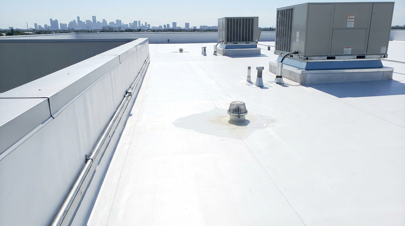 Commercial TPO flat roof after repair — clean white membrane, sealed seams, clear drain