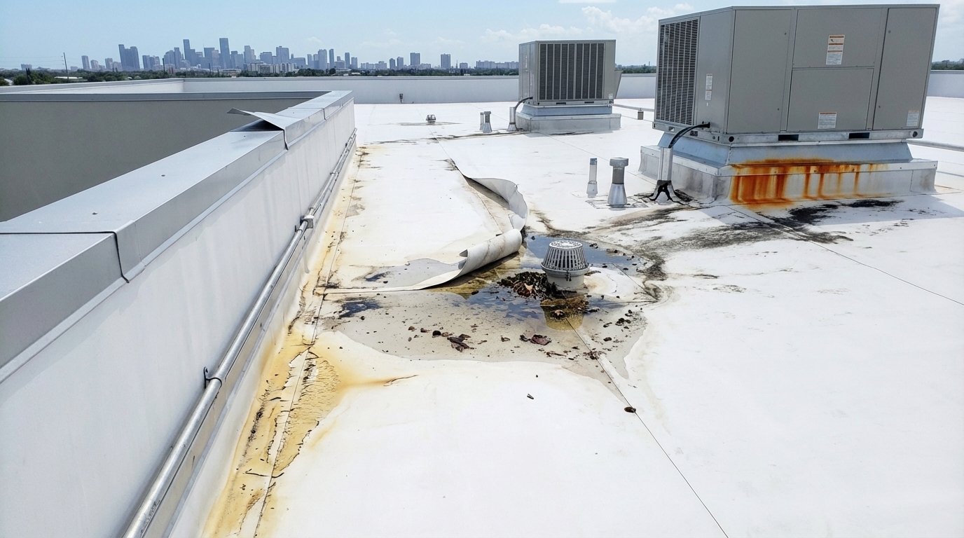 Commercial flat roof with membrane damage — separated seams, ponding water, rust stains, debris