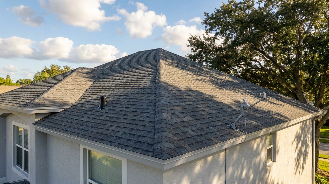 Asphalt shingle roof after repair — uniform coverage, no lifted edges, clean drip edge