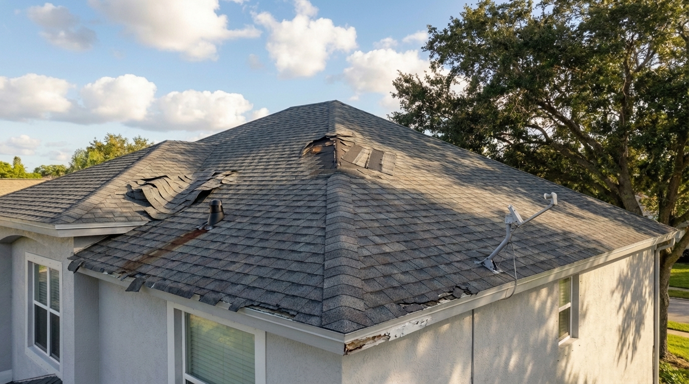 Asphalt shingle roof with wind damage — lifted shingles, missing sections, exposed tar paper