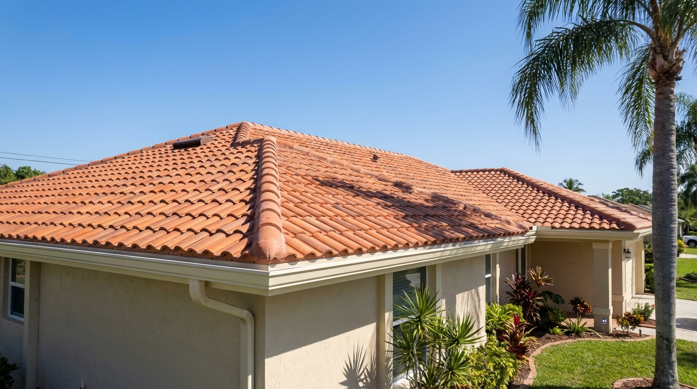 Barrel tile roof after professional repair — all tiles intact, clean surface, South Florida home