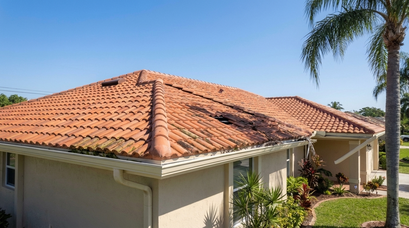 Barrel tile roof with storm damage — cracked tiles, missing sections, moss growth, detached gutter